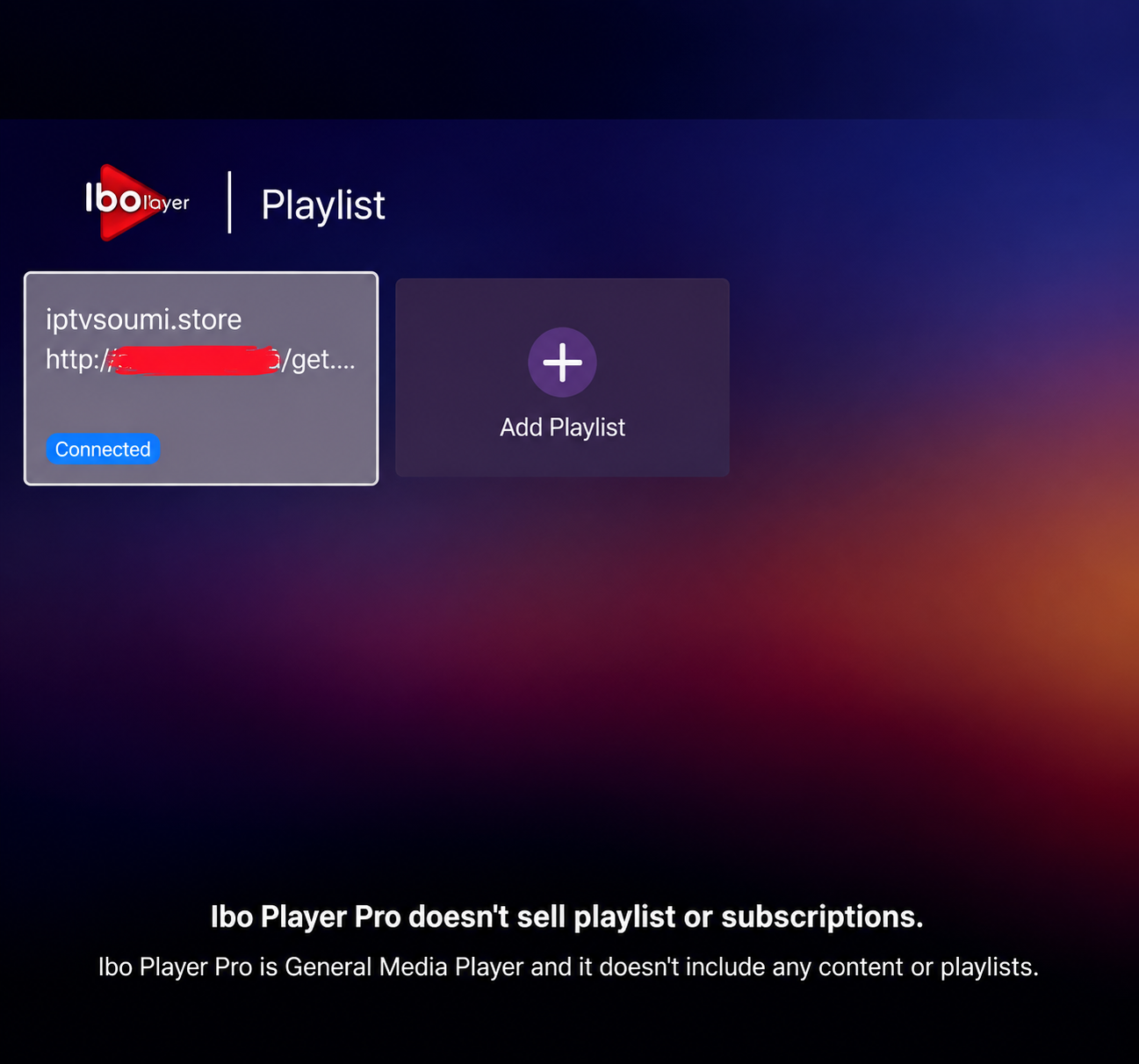 IBO Player valmis playlistin lisäämisen jälkeen