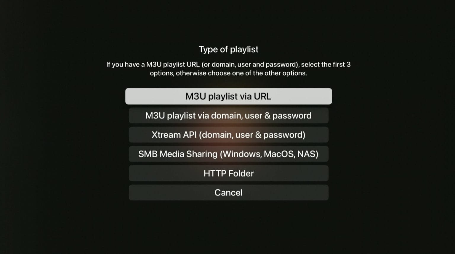 IPTVX vaihe 1 – uuden playlistin lisääminen Apple TV:llä