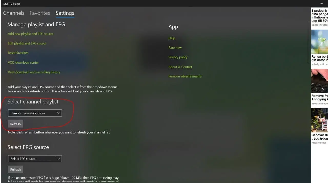 MyIPTV Player valitse playlist ja Refresh
