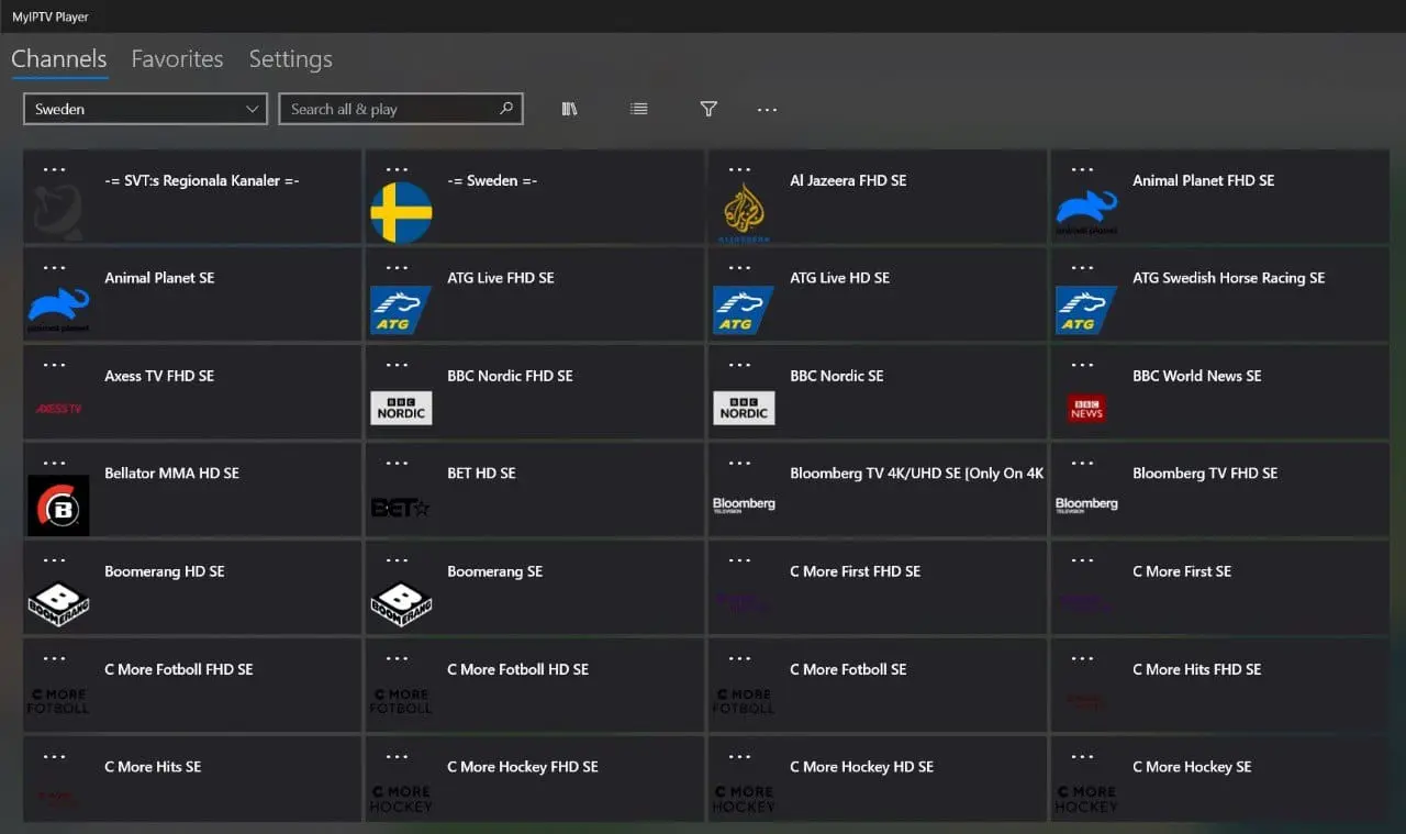 MyIPTV Player Channels välilehti