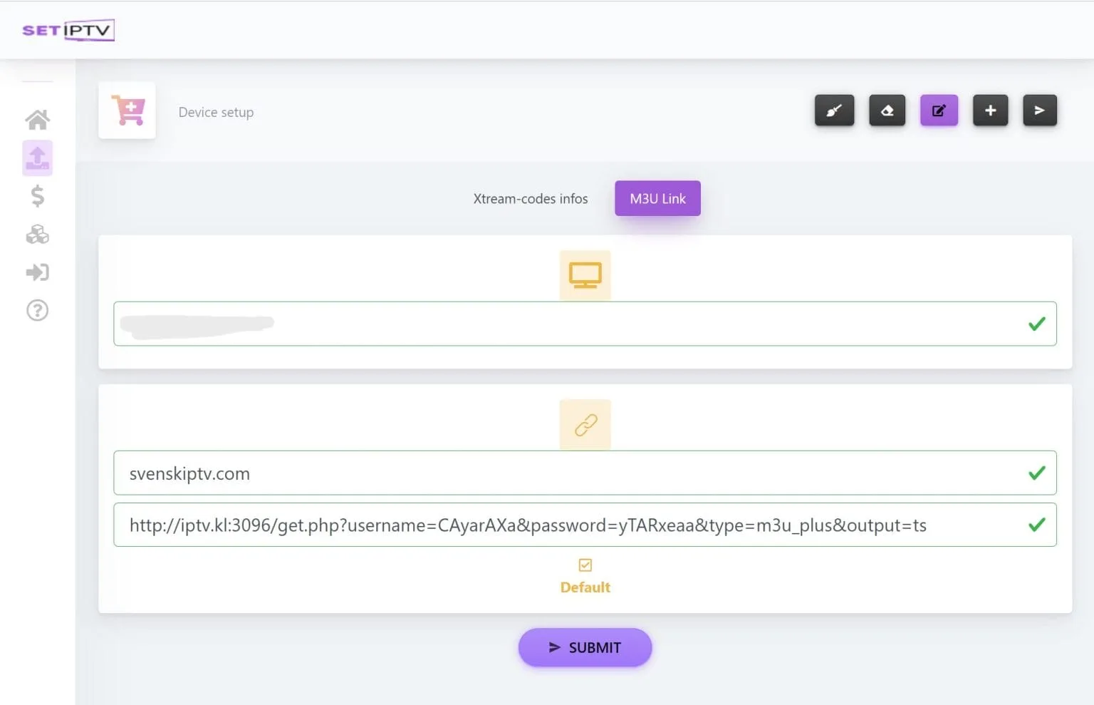 M3U-soittolistan nimen ja URL-osoitteen lisääminen Set IPTV -hallintasivulla