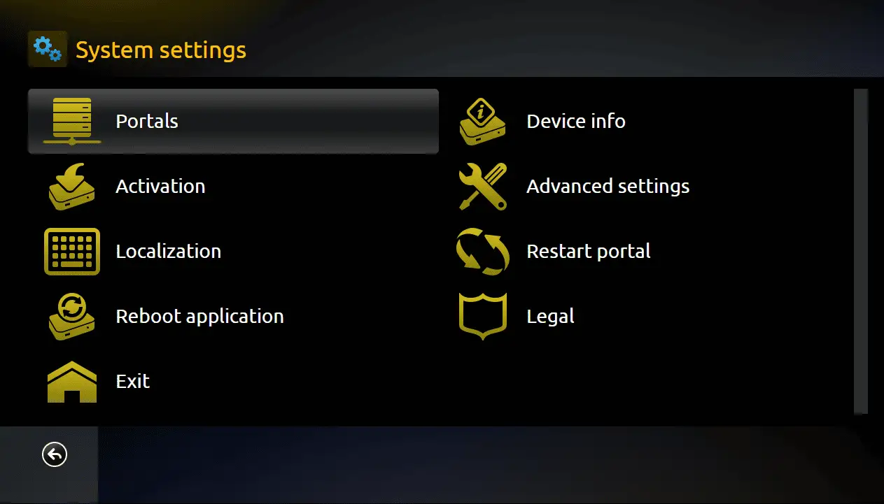 Smart STB System settings Device info ja Portals -valikko