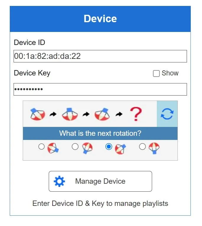 DuplexPlay vaihe 2 Device ID ja Device Key hallintasivulla