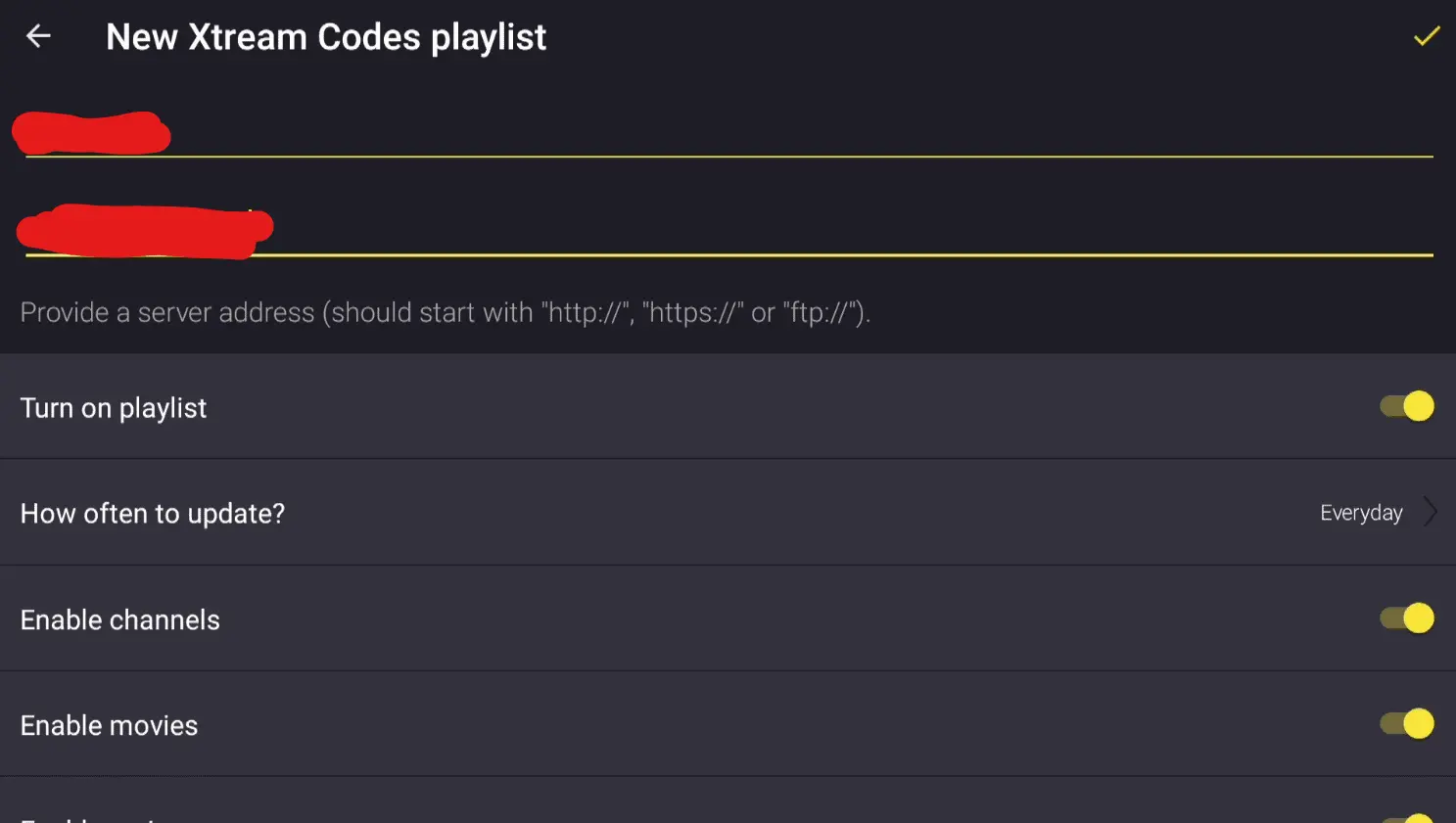 Televizo IPTV Player vaihe 2 Xtream Codes kirjautumistiedot