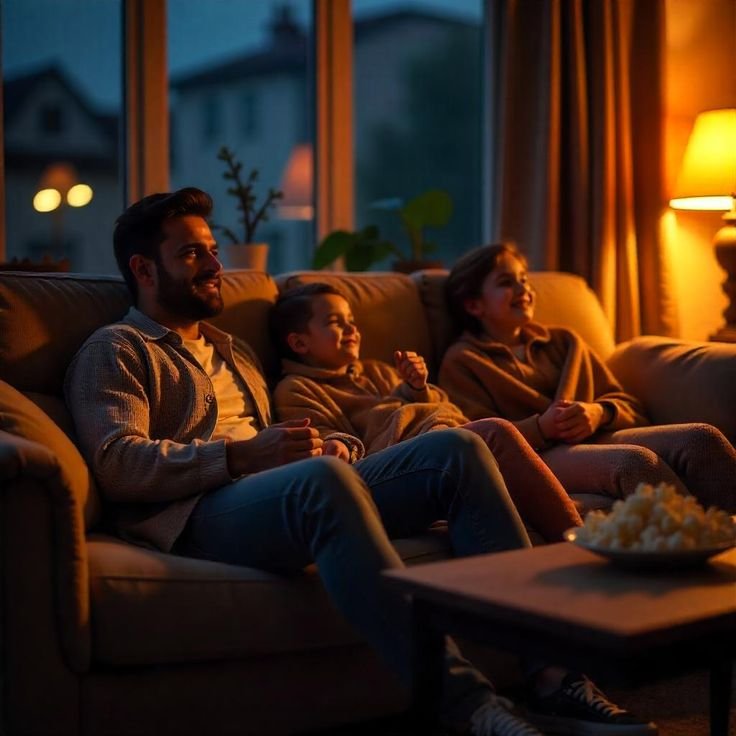 Perhe katsomassa IPTV-lähetystä olohuoneessa