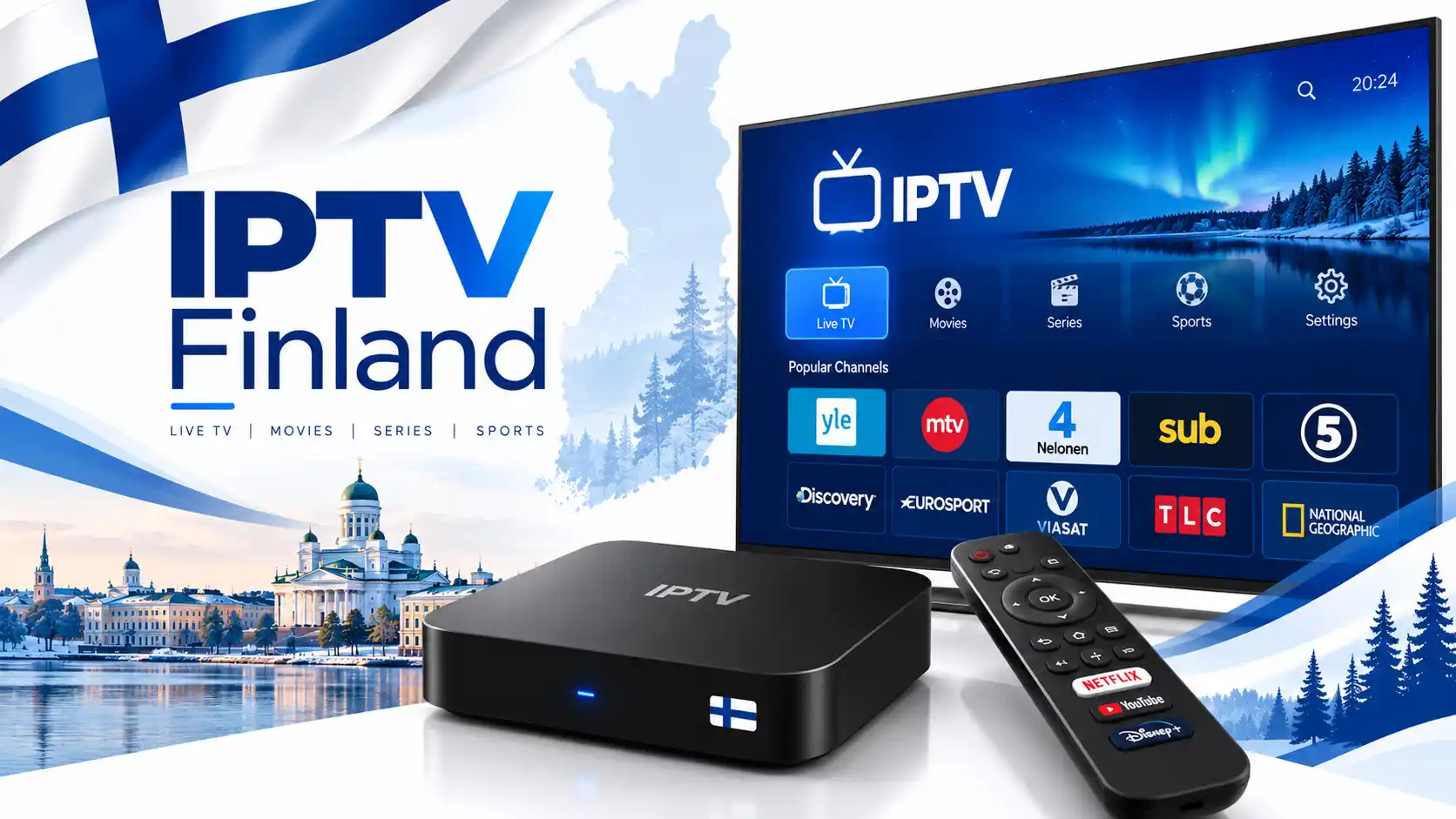 IPTV digiboksi Suomessa television ja kaukosäätimen kanssa